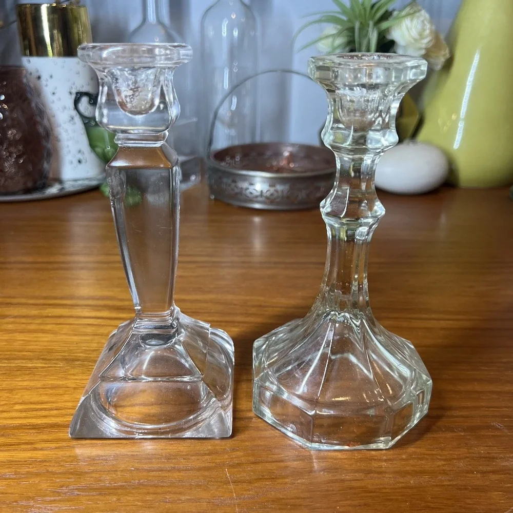 Vintage Art Deco Clear Crystal Candlestick Holders Faceted Stepped Base 7